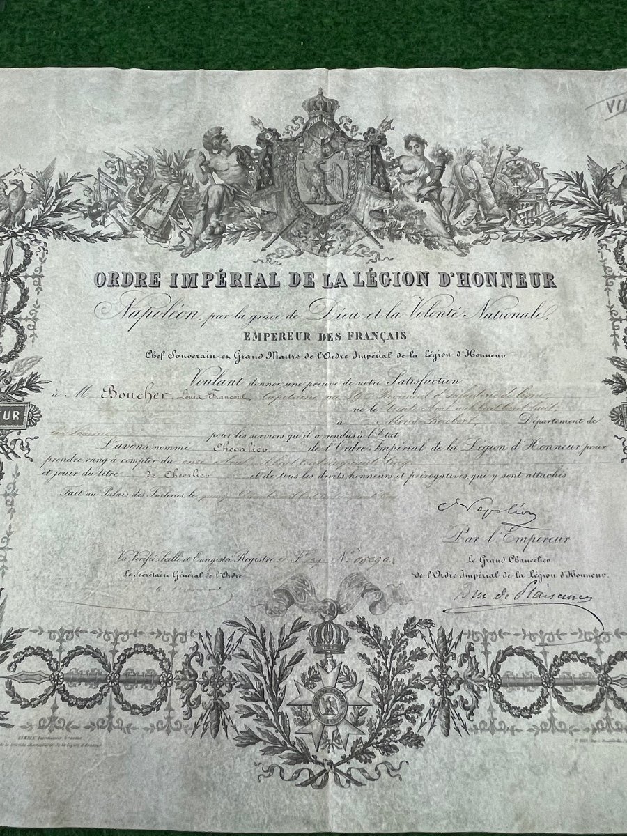 Brevet De Chevalier  De L Ordre Impérial De La Légion d'Honneur Napoléon III  1856  N°7