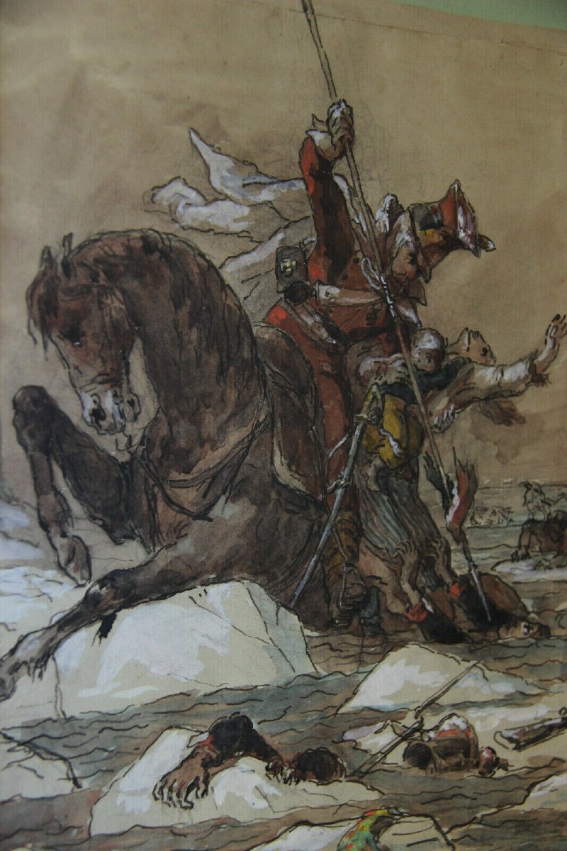 Gouache" Lancier Rouge" Passage De La Bérézina En  1812 De  Jules Rigo  1889  19 ème-photo-3