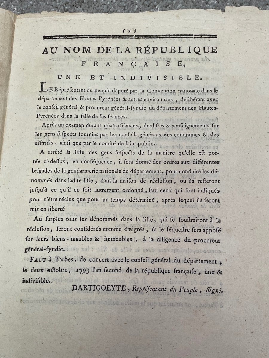 Tarbes - Vic  Tableau Des Personnes Suspectes Des Hautes Pyrénées  Revolution Vendémiaire  1793-photo-2