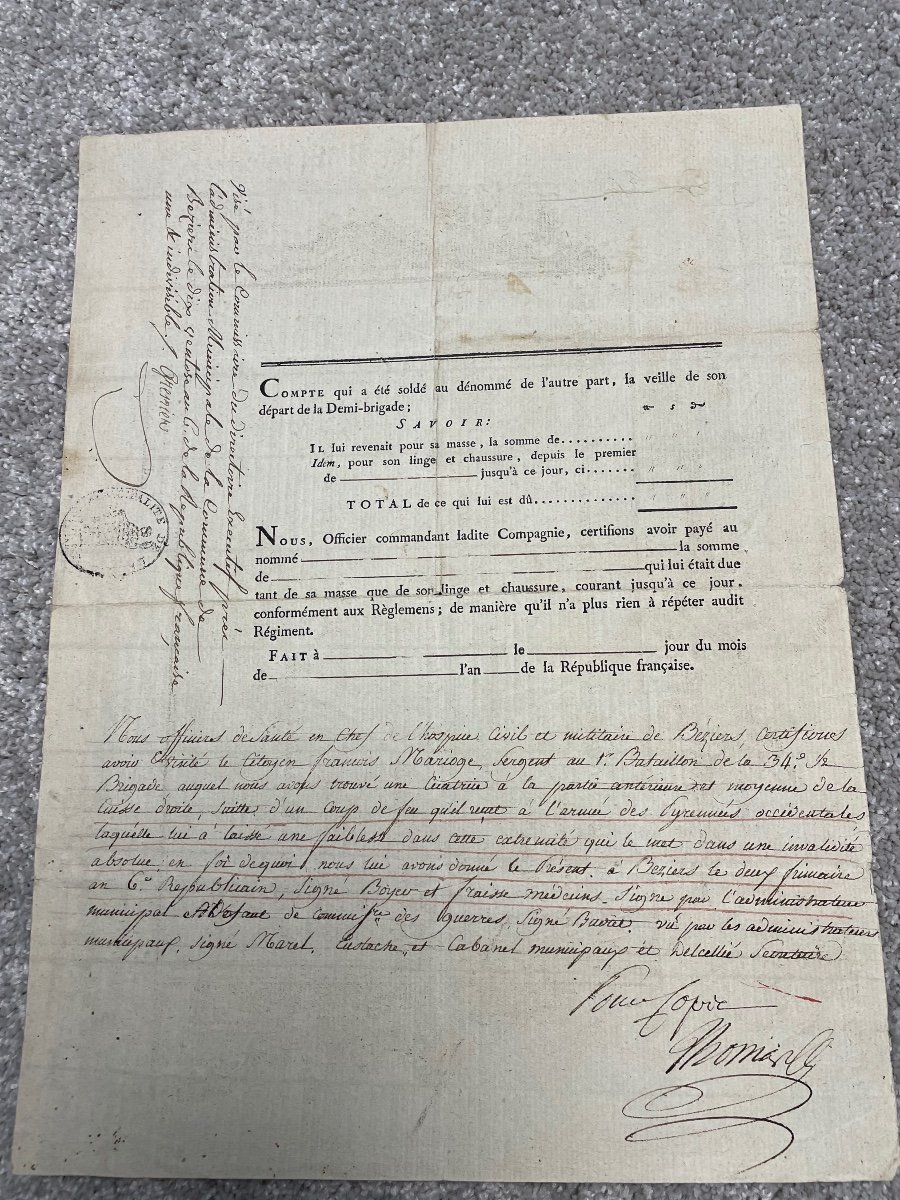 Discharge Of Reform Signed By General étienne Malye Of 26 Nivose Of Year 6 (january 14, 1798)-photo-3