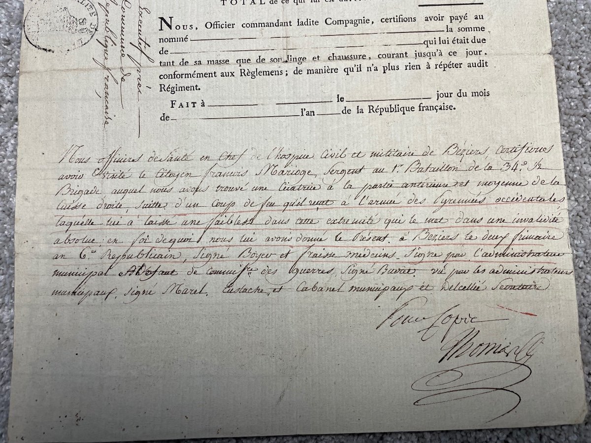 Discharge Of Reform Signed By General étienne Malye Of 26 Nivose Of Year 6 (january 14, 1798)-photo-4