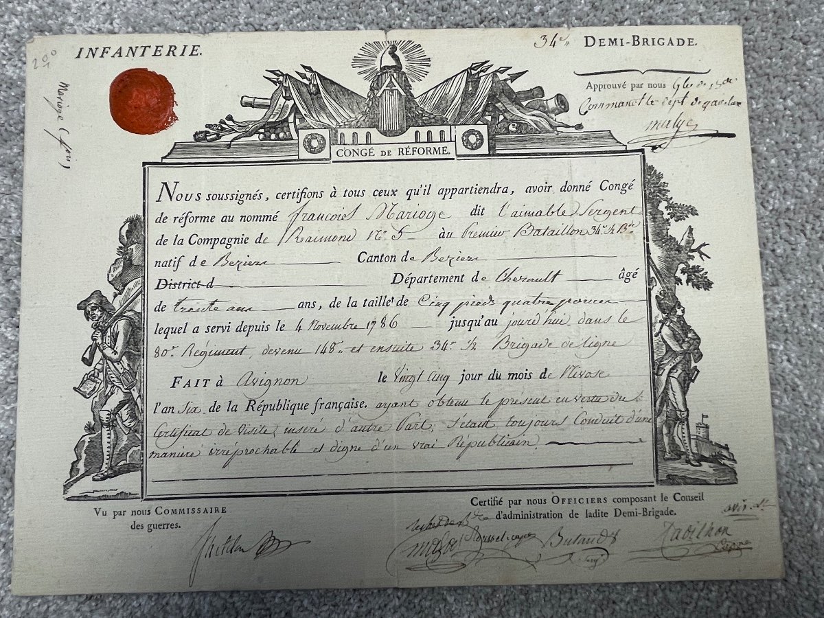 Discharge Of Reform Signed By General étienne Malye Of 26 Nivose Of Year 6 (january 14, 1798)