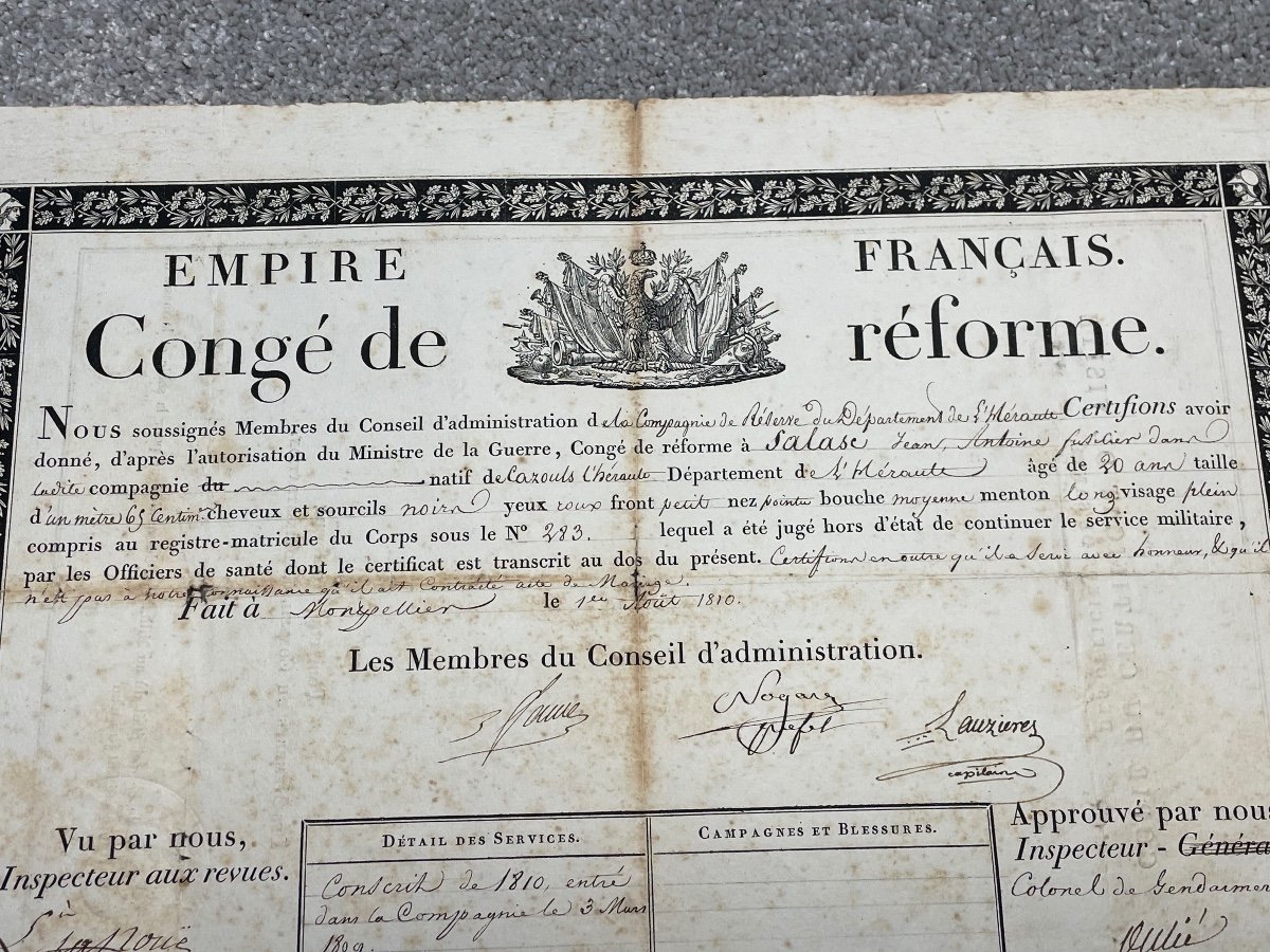 Empire   Français  Du 1er  Aout  1810  Congé De  Réforme  De La Compagnie  De  Reserve   1810-photo-4