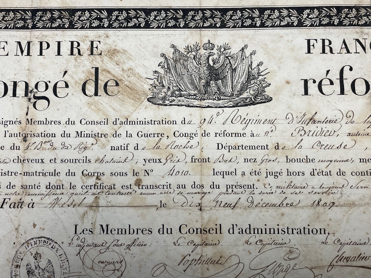 Empire   Français  Du 1er  Aout  1810  Congé De  Réforme  De La Compagnie  De  Reserve   1810-photo-1