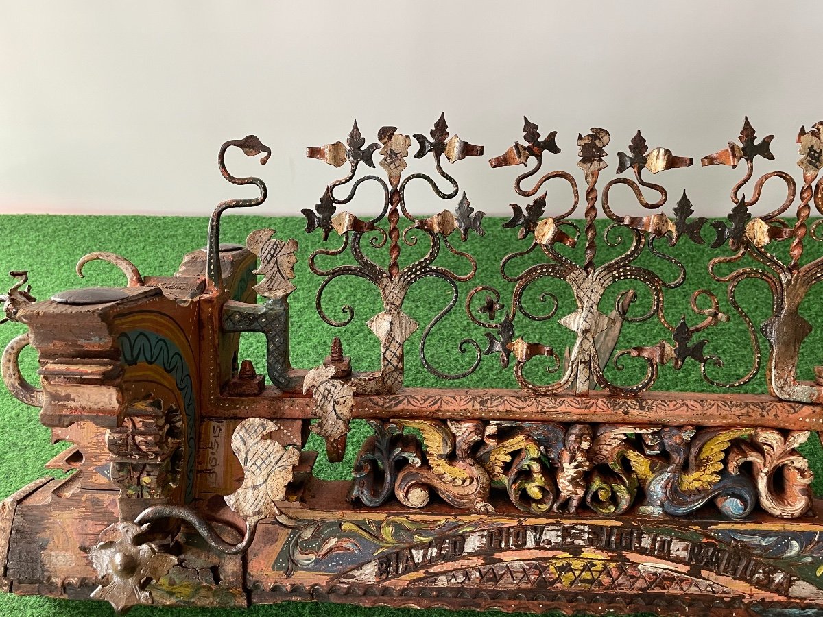 Rare Sicilian Cart Axle Polychrome Wood And Wrought Iron Half Of The 19th Century-photo-4
