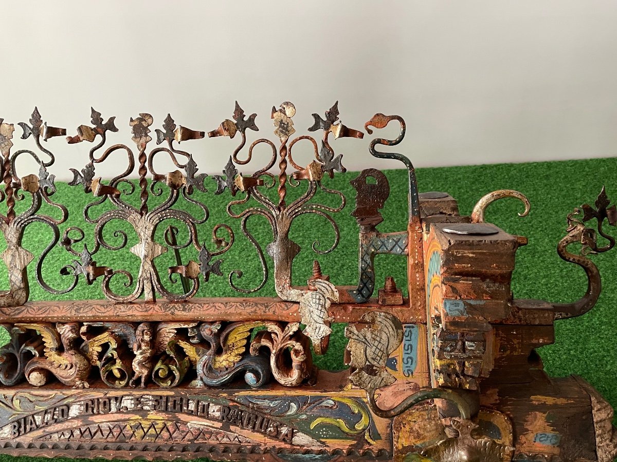 Rare Sicilian Cart Axle Polychrome Wood And Wrought Iron Half Of The 19th Century-photo-1