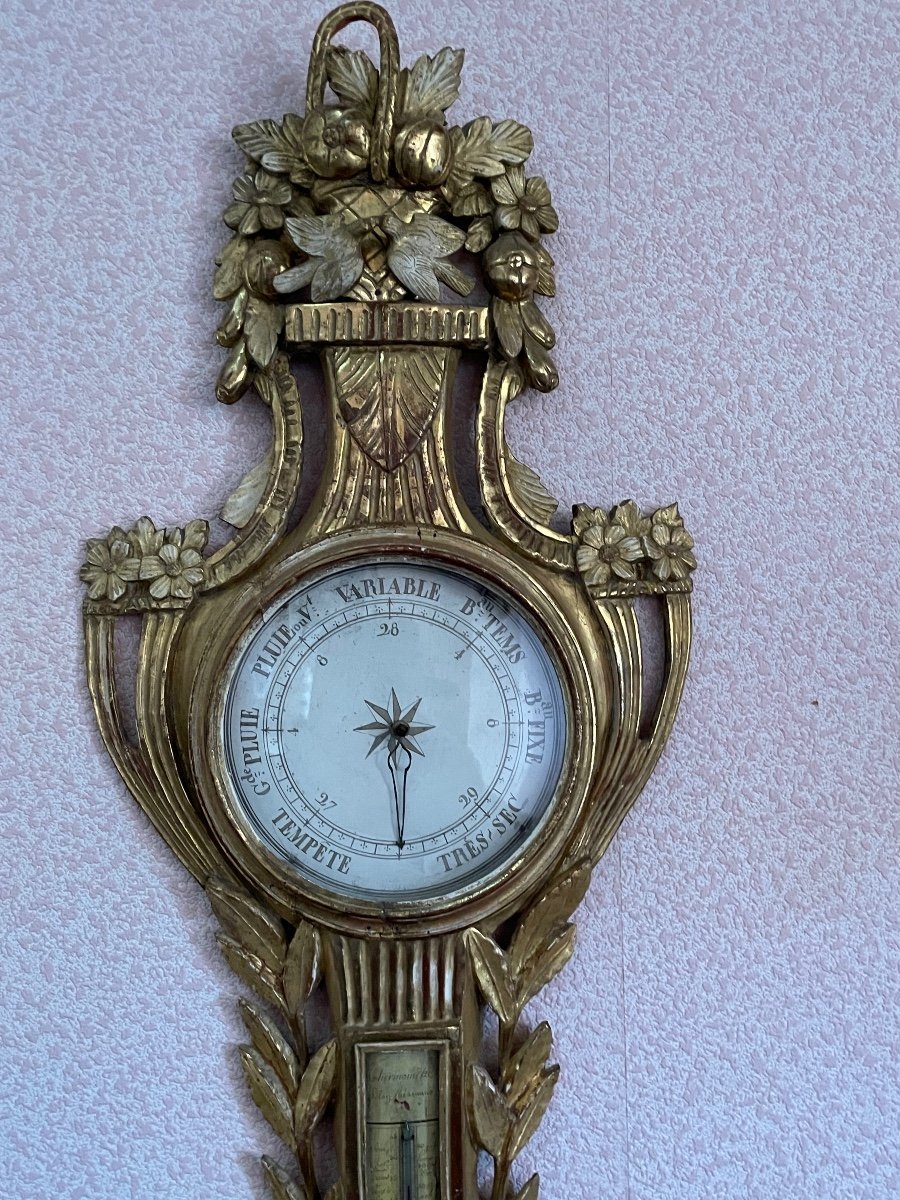 Baromètre - thermomètre en bois sculpté et doré d'époque Louis XVI - XVIIIe  siècle - N.98372