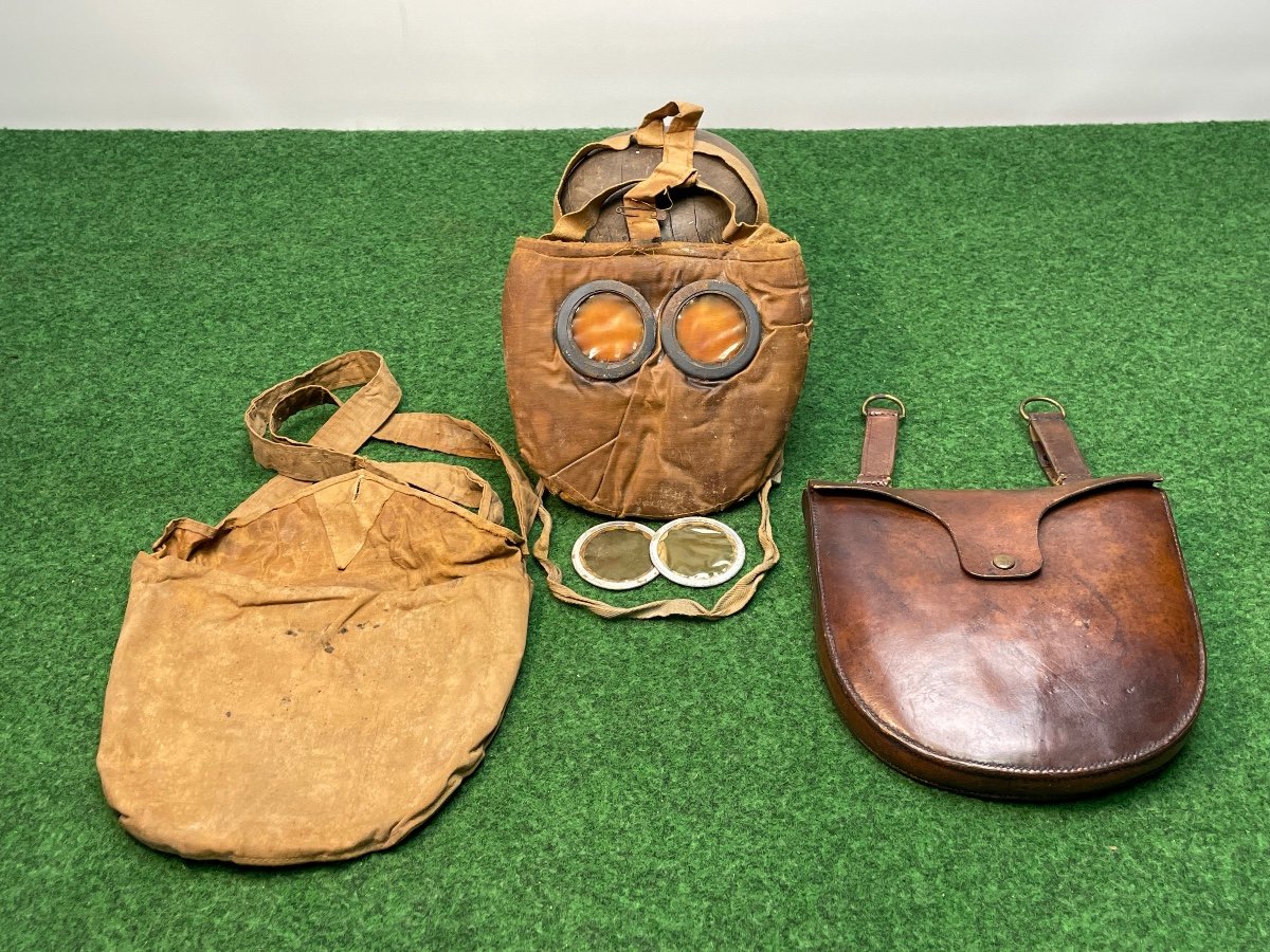 Rare Masque De Protection M 2  Pochette Toile +étui Cuir  d'Officier d'Artillerie   1914/18 Ww1