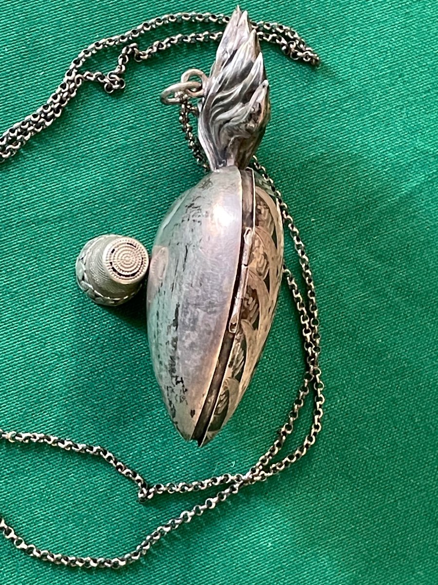 Coeur De Marie  " Ex Voto  " Argent  Massif  Croix  " Sacré  Coeur  " Avec Sa Chaine   XIX ème -photo-3