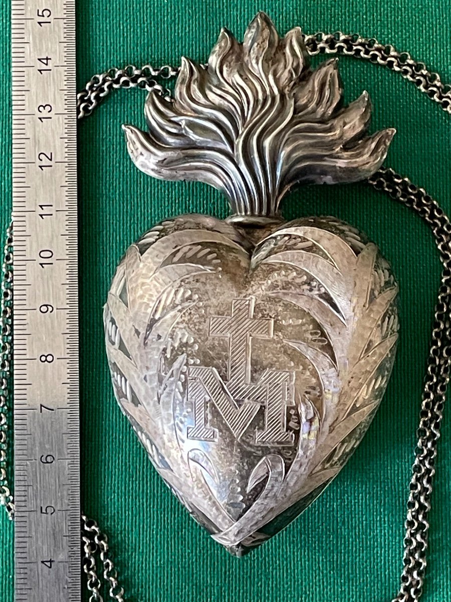 Coeur De Marie  " Ex Voto  " Argent  Massif  Croix  " Sacré  Coeur  " Avec Sa Chaine   XIX ème -photo-8