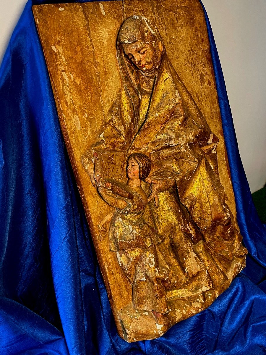 Saint Anne Teaching Jesus To Read Polychrome Panel 17th Century -photo-1
