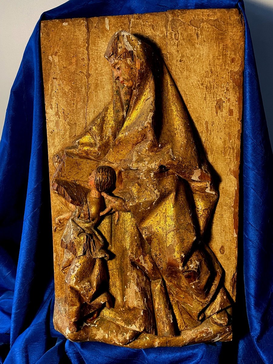 Saint Anne Teaching Jesus To Read Polychrome Panel 17th Century 