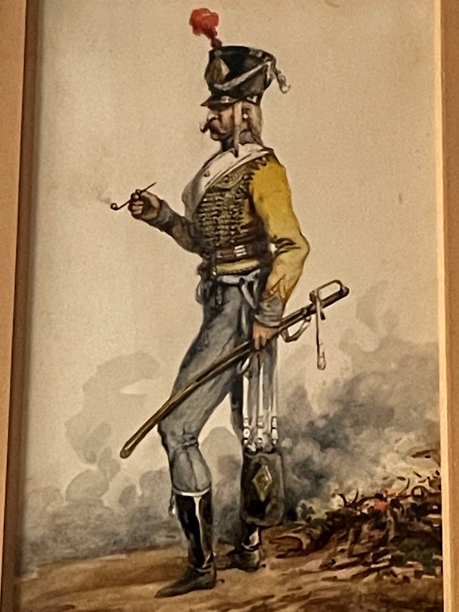 Watercolor "hussar Of The 9th Regiment At The Bivouac Smoking A Pipe" By Lamy 19th -photo-2