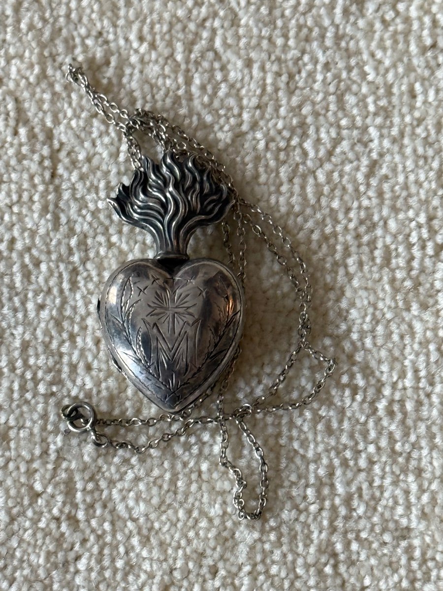 Small Heart Of Mary "ex Voto" In Silver 19th Century -photo-2