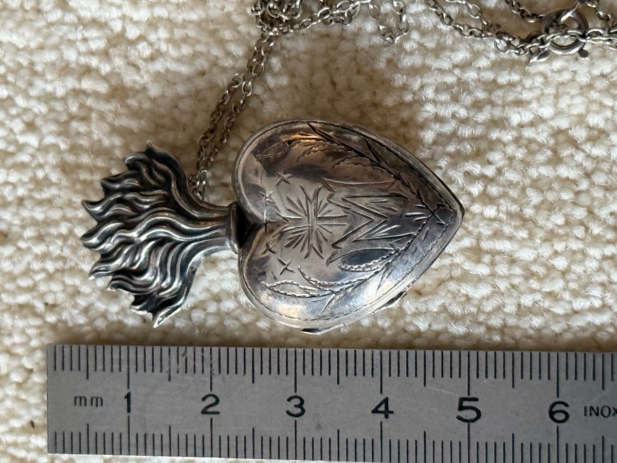 Small Heart Of Mary "ex Voto" In Silver 19th Century -photo-3
