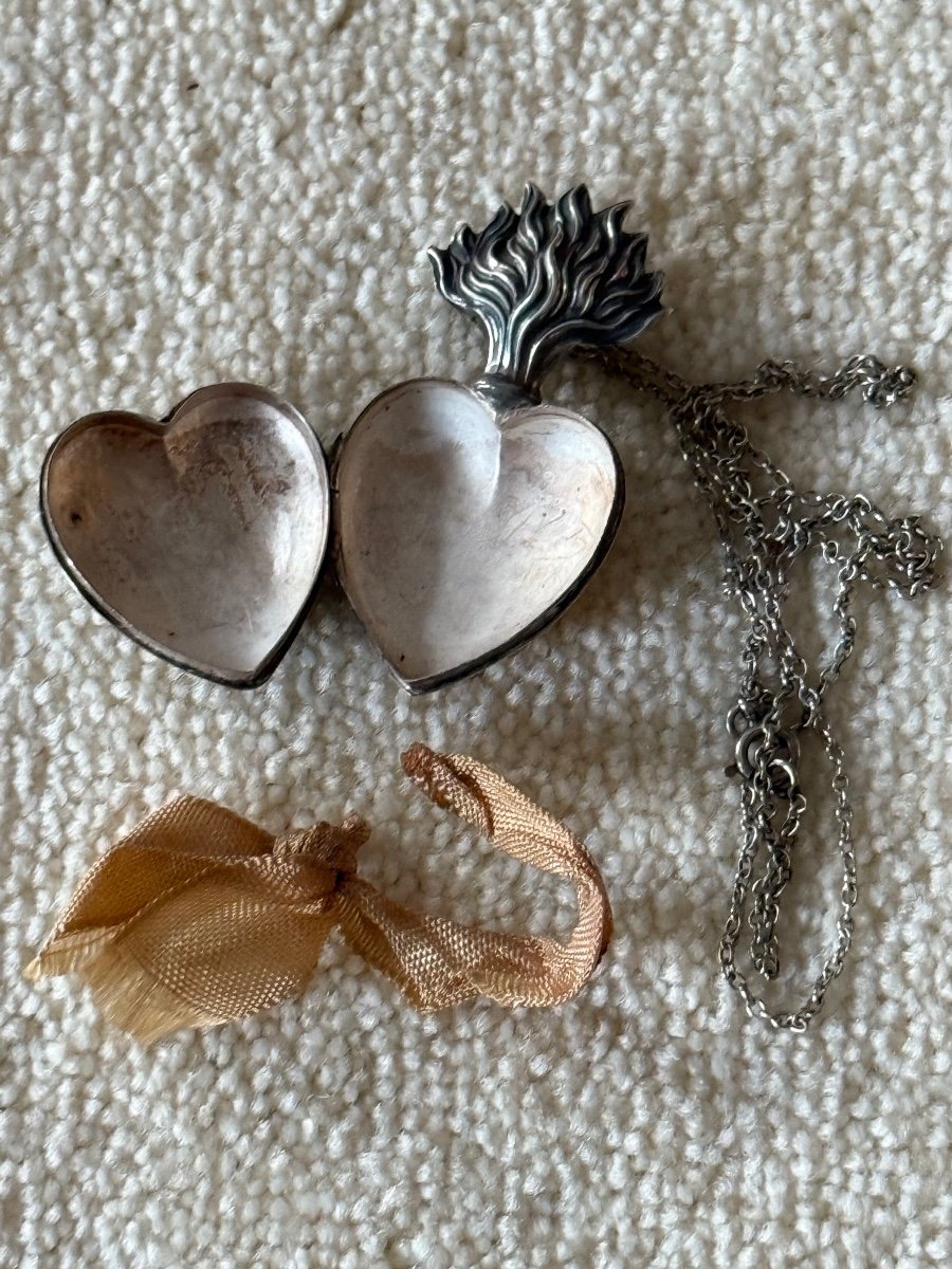 Small Heart Of Mary "ex Voto" In Silver 19th Century -photo-4