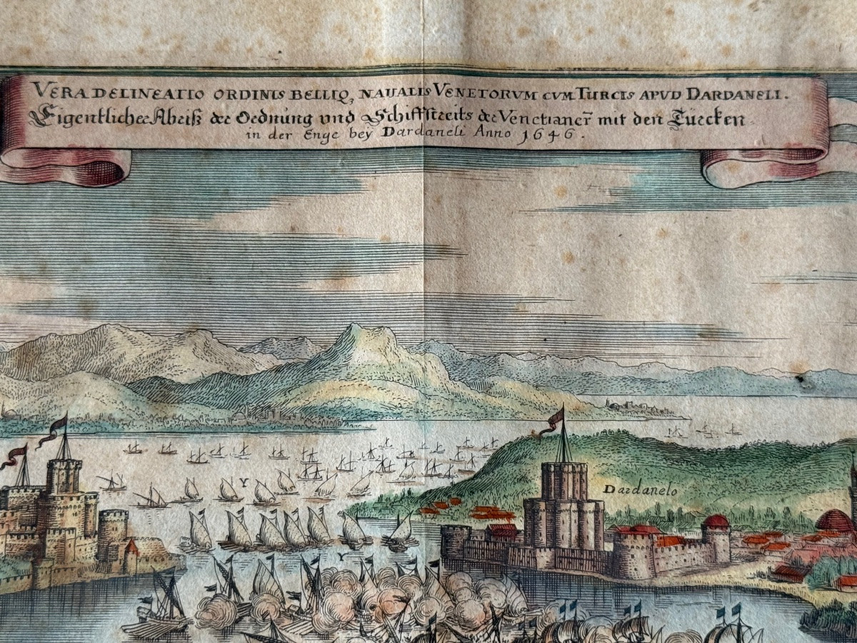 GRAVURE DE LA BATAILLE DES DARDANELLES  EN 1656 FLOTTE VÉNITIENNE  VS  TURCS  OTTOMANS  XVIIÈME-photo-2