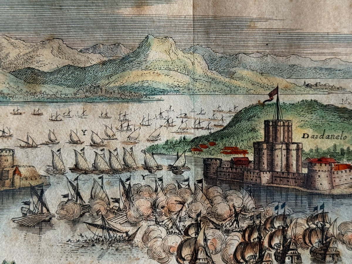 GRAVURE DE LA BATAILLE DES DARDANELLES  EN 1656 FLOTTE VÉNITIENNE  VS  TURCS  OTTOMANS  XVIIÈME-photo-1