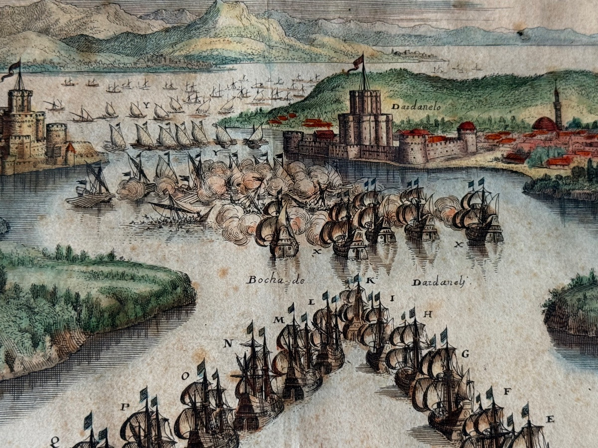 GRAVURE DE LA BATAILLE DES DARDANELLES  EN 1656 FLOTTE VÉNITIENNE  VS  TURCS  OTTOMANS  XVIIÈME-photo-3