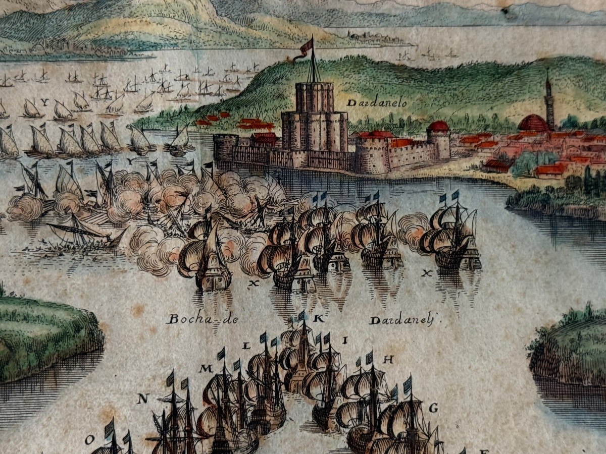 GRAVURE DE LA BATAILLE DES DARDANELLES  EN 1656 FLOTTE VÉNITIENNE  VS  TURCS  OTTOMANS  XVIIÈME-photo-6