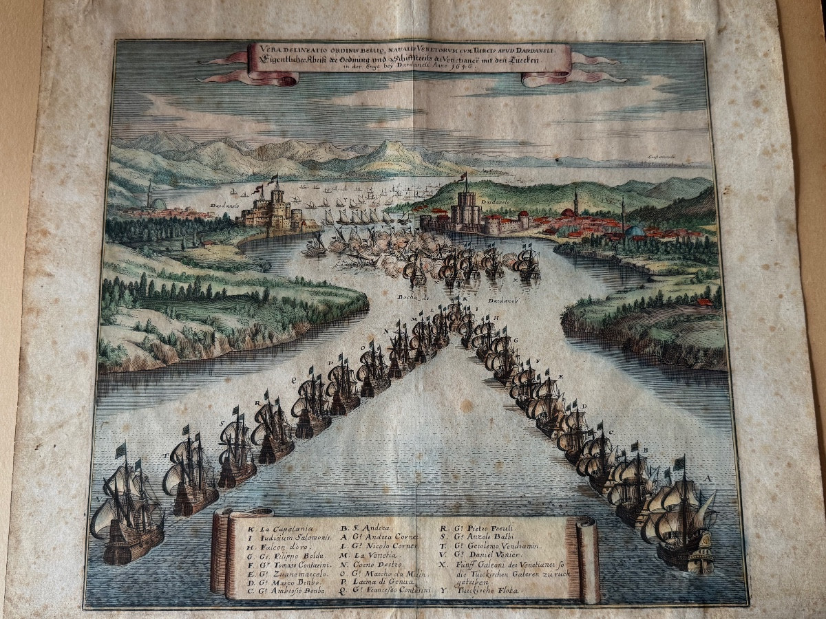 GRAVURE DE LA BATAILLE DES DARDANELLES  EN 1656 FLOTTE VÉNITIENNE  VS  TURCS  OTTOMANS  XVIIÈME