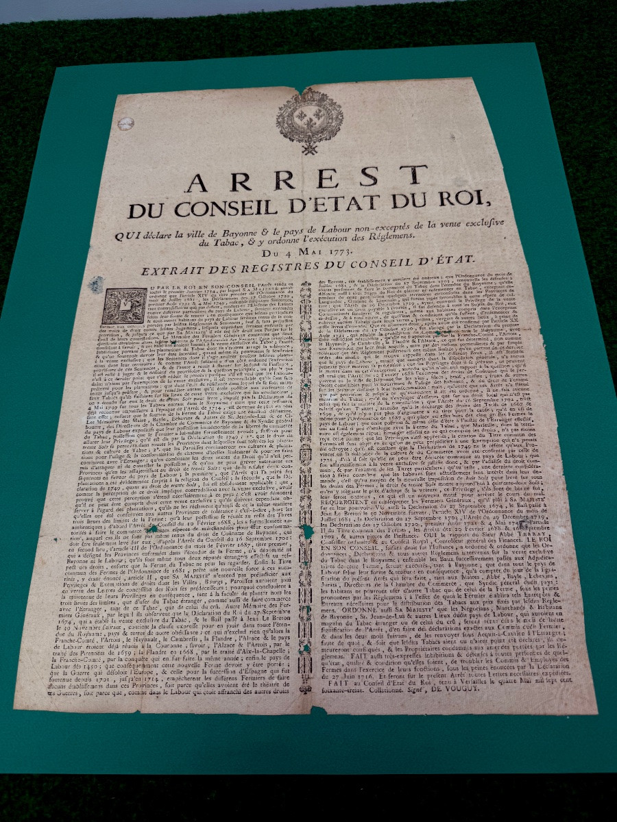 BAYONNE   PLACARD  ARREST DU CONSEIL  D'ÉTAT   DU  ROI SUR LA  VENTE  EXCLUSIVE DU TABAC  1773 -photo-2