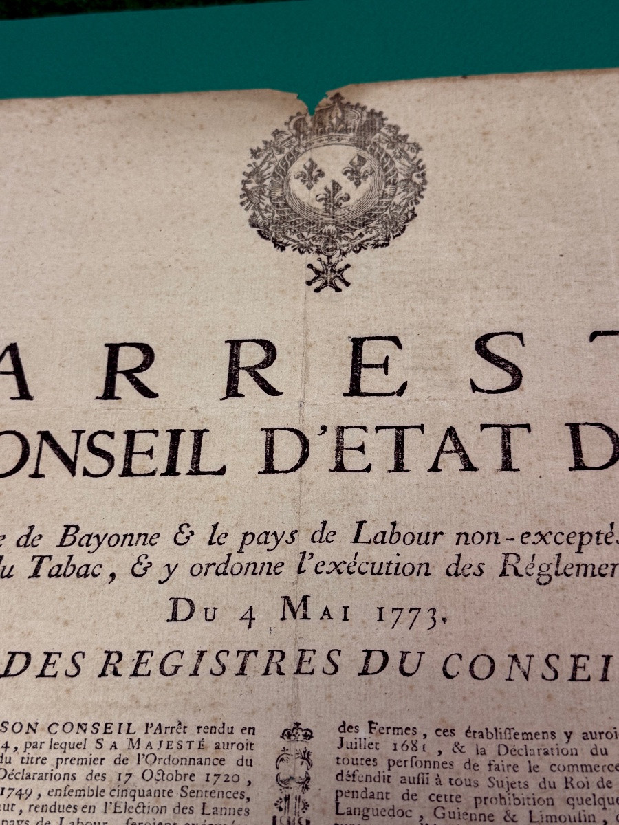 BAYONNE   PLACARD  ARREST DU CONSEIL  D'ÉTAT   DU  ROI SUR LA  VENTE  EXCLUSIVE DU TABAC  1773 -photo-3
