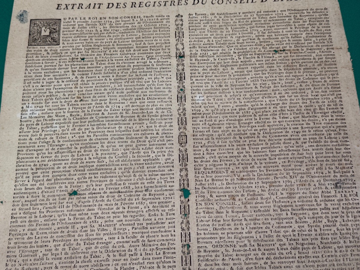 BAYONNE   PLACARD  ARREST DU CONSEIL  D'ÉTAT   DU  ROI SUR LA  VENTE  EXCLUSIVE DU TABAC  1773 -photo-4