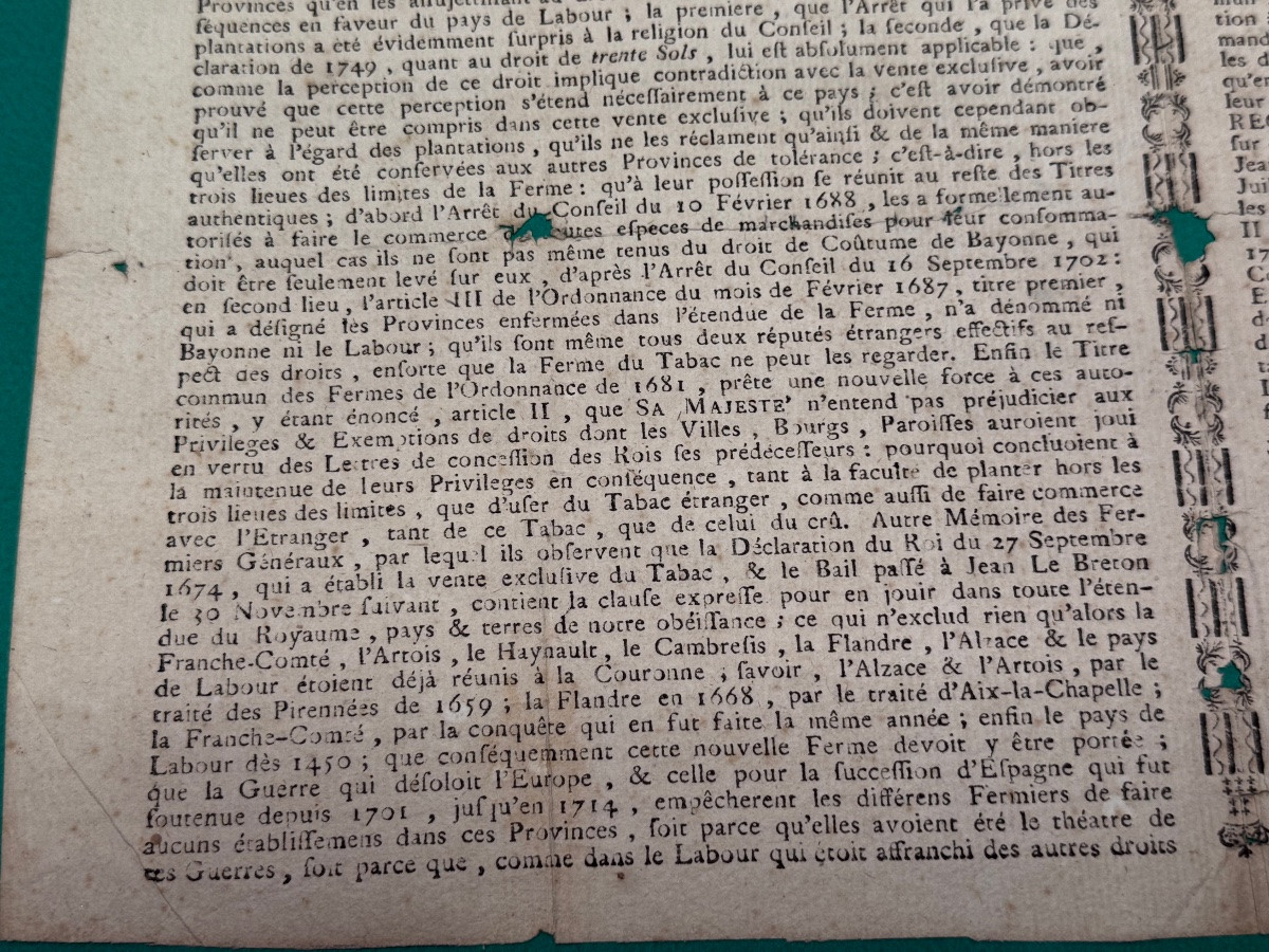 BAYONNE   PLACARD  ARREST DU CONSEIL  D'ÉTAT   DU  ROI SUR LA  VENTE  EXCLUSIVE DU TABAC  1773 -photo-2