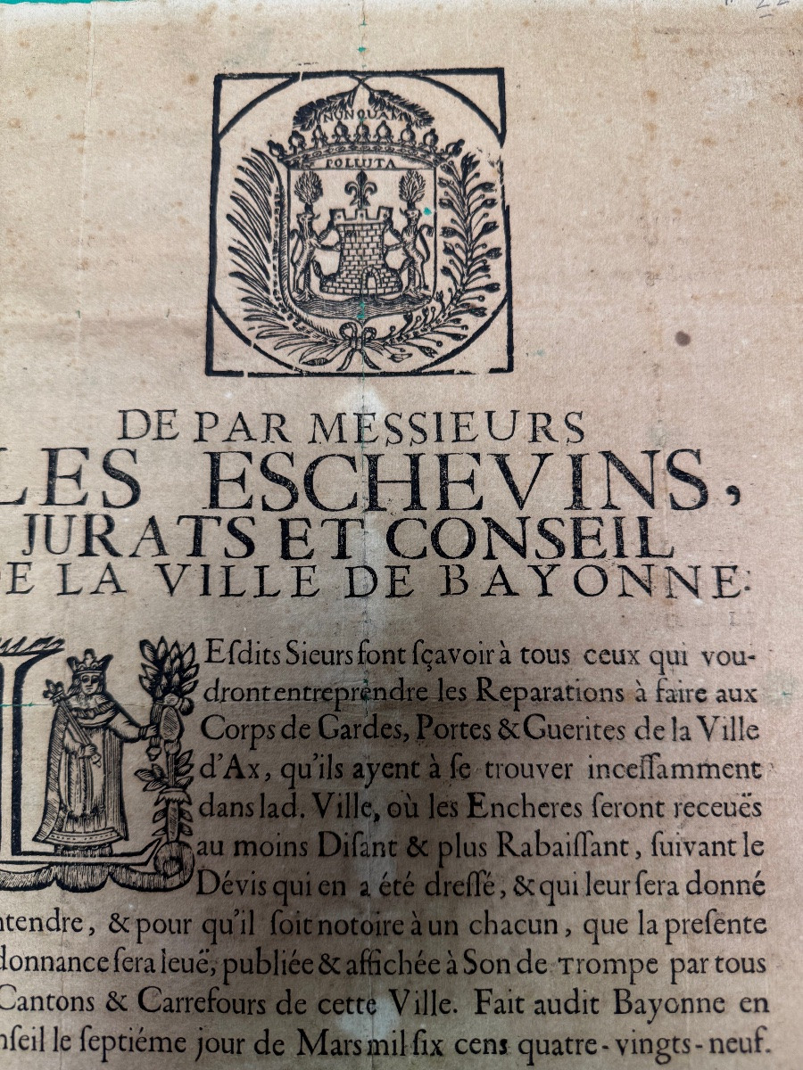 Placard/poster From 1689: Repair Of The Gates Of The City Of Bayonne, 17th-century Estimate -photo-2
