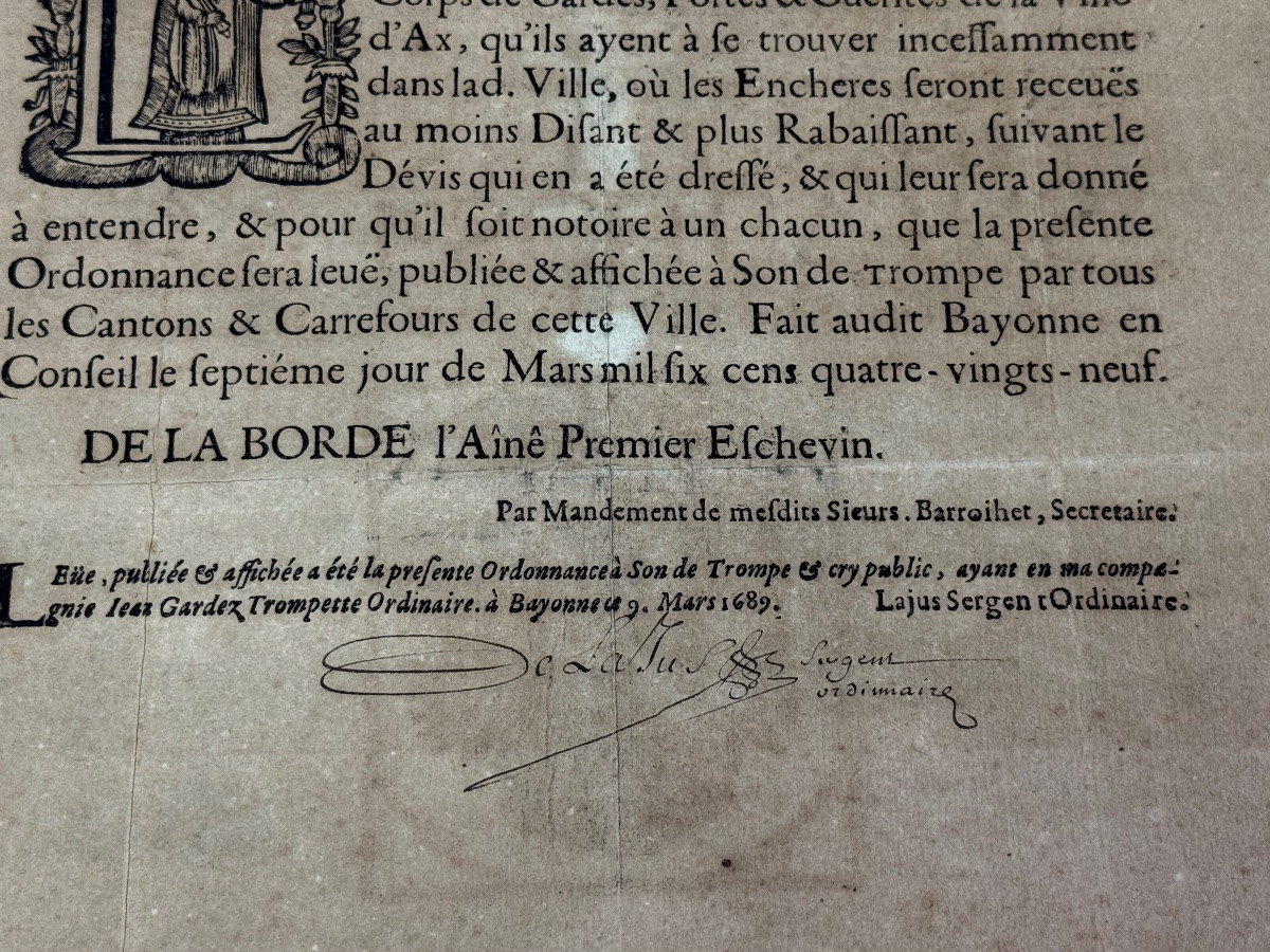 Placard/poster From 1689: Repair Of The Gates Of The City Of Bayonne, 17th-century Estimate -photo-1