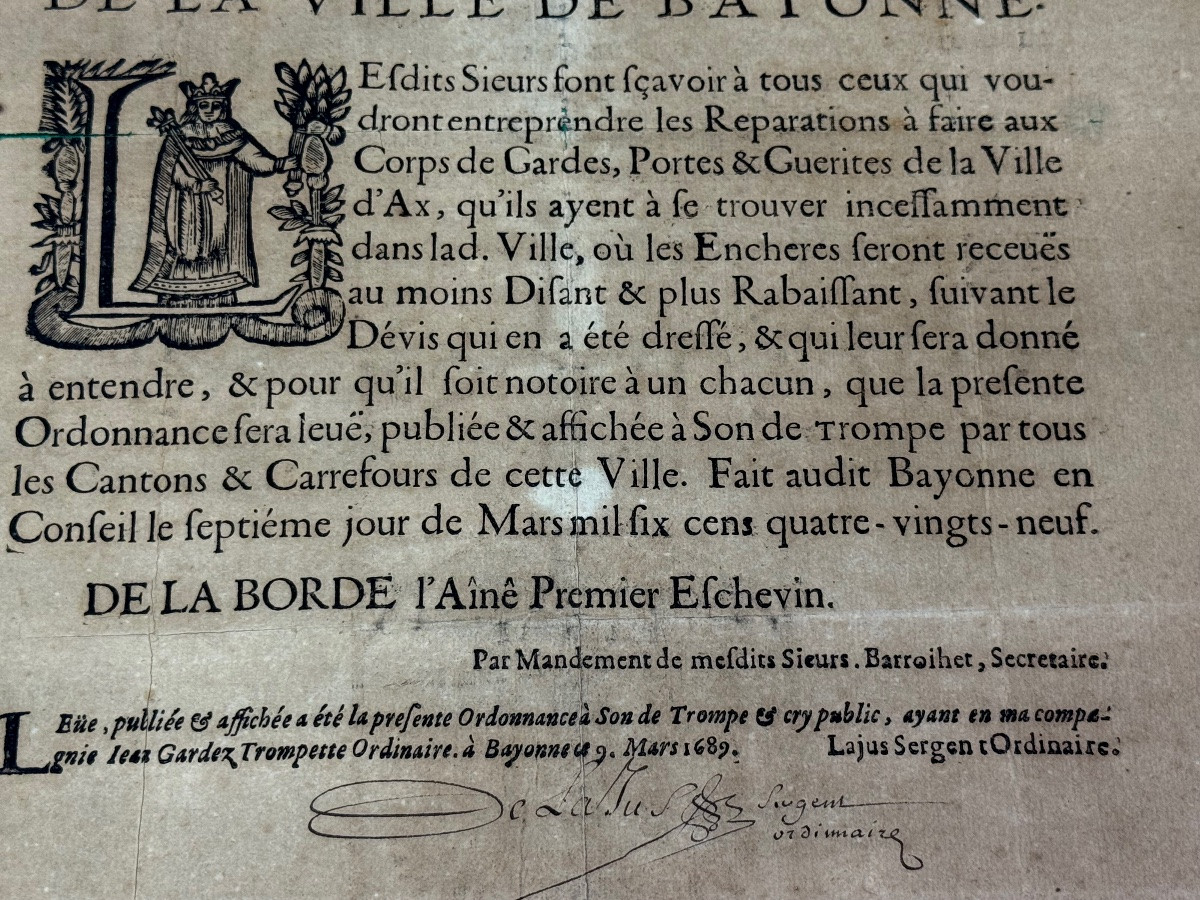 Placard/poster From 1689: Repair Of The Gates Of The City Of Bayonne, 17th-century Estimate -photo-2