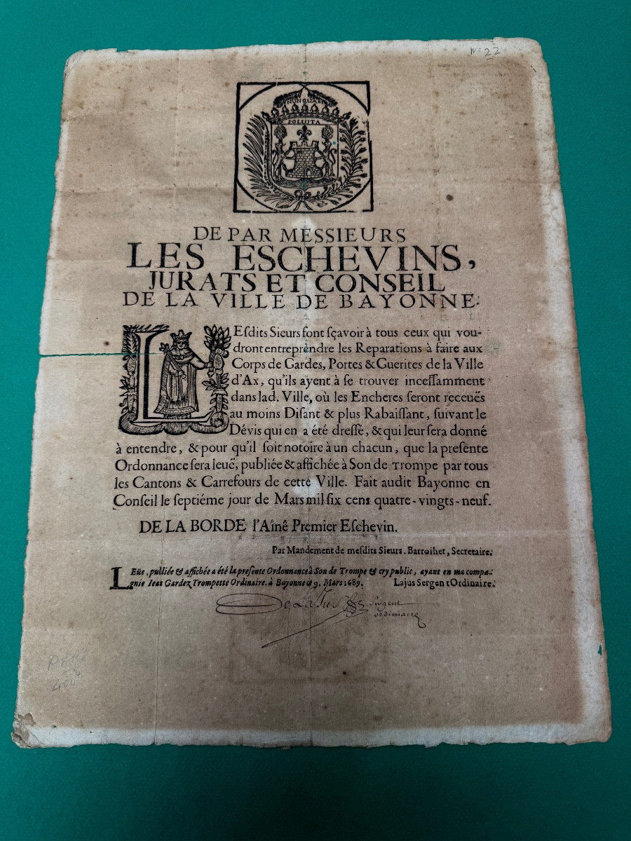 Placard/poster From 1689: Repair Of The Gates Of The City Of Bayonne, 17th-century Estimate 