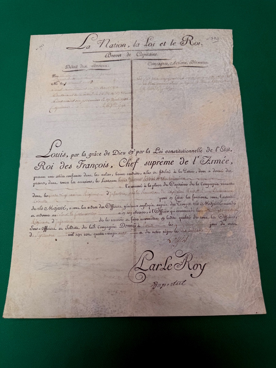 Captain's Commission Issued By King Louis XVI In 1791, One Of The Last! No. 7 Bis