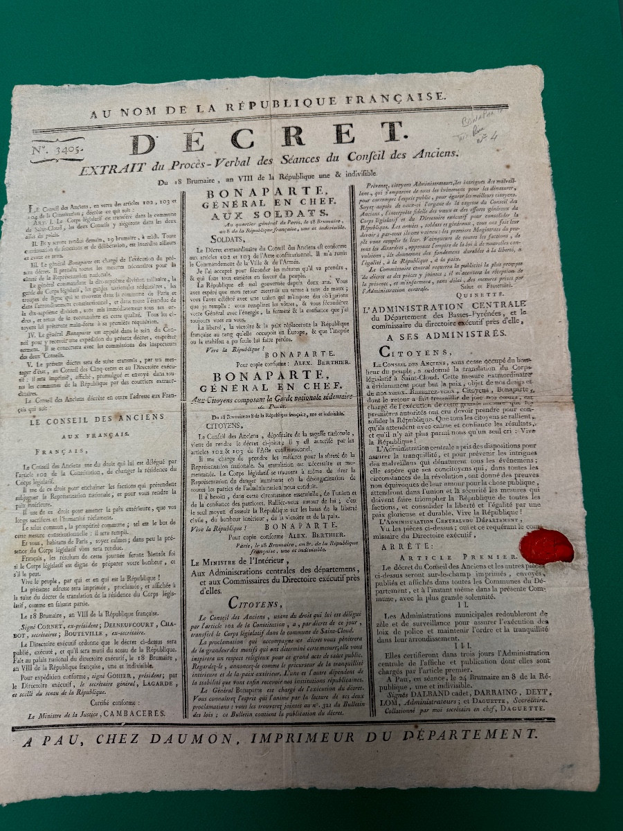 Coup d'état Of 18 Brumaire Year VIII Bonaparte General-in-chief To The Soldiers And Citizens  
