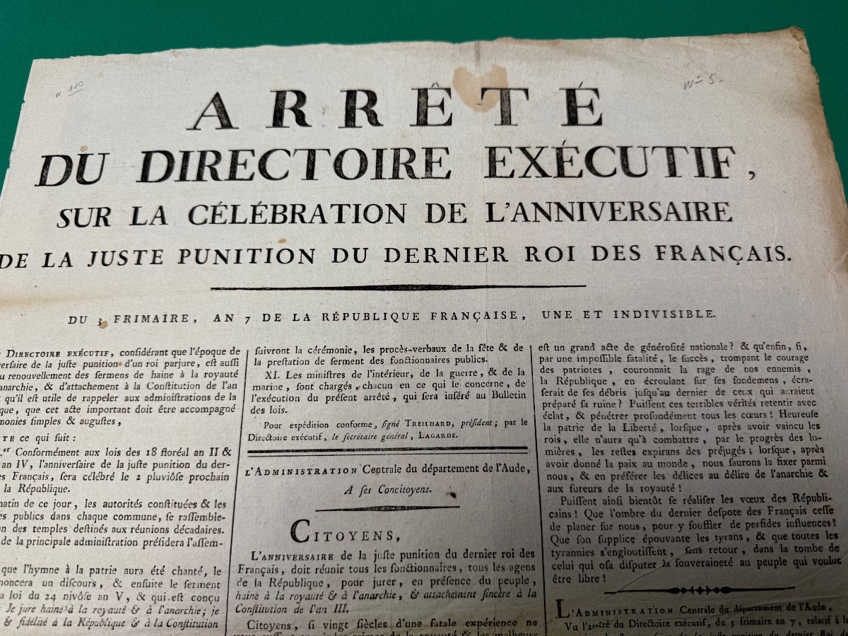  LOUIS   XVI   ARRÈTÉ  SUR LA FÈTE  D'ANNIVERSAIRE  DE LA JUSTE PUNITION  DU ROI  1796 18 ÈME -photo-2