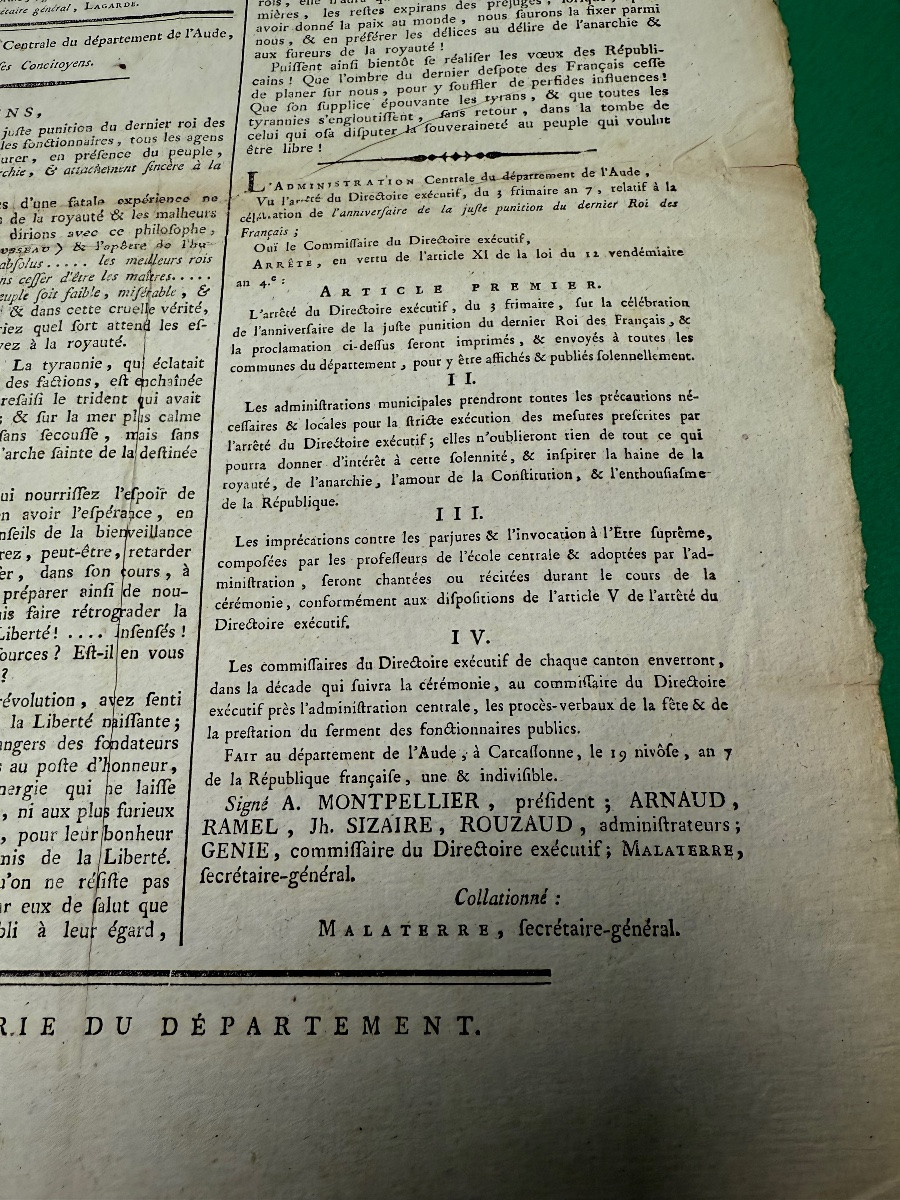  LOUIS   XVI   ARRÈTÉ  SUR LA FÈTE  D'ANNIVERSAIRE  DE LA JUSTE PUNITION  DU ROI  1796 18 ÈME -photo-1