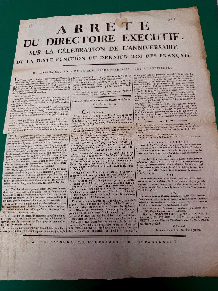  LOUIS   XVI   ARRÈTÉ  SUR LA FÈTE  D'ANNIVERSAIRE  DE LA JUSTE PUNITION  DU ROI  1796 18 ÈME 