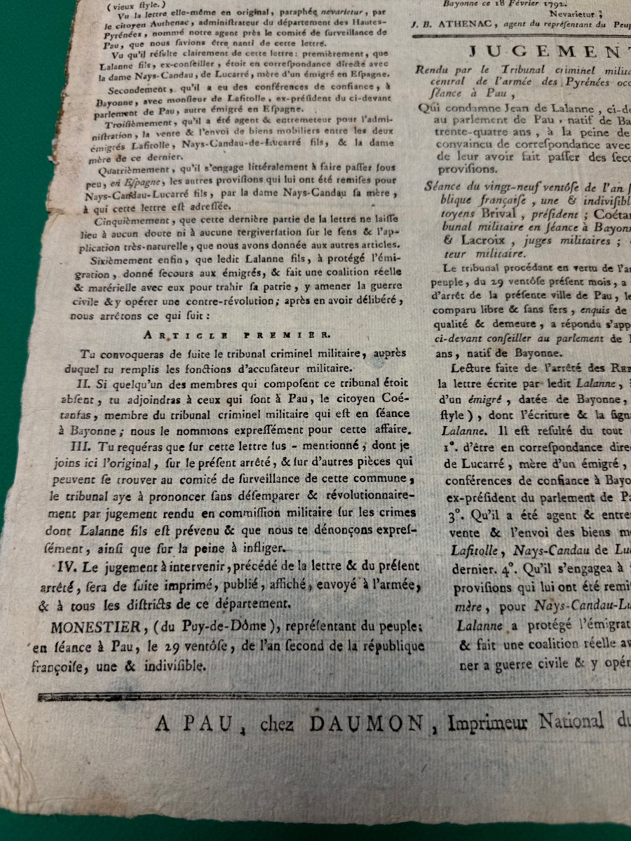  "revolution" Judgment Of Mr. Lalanne, Immigrant, Sentenced To Death On February 18, 1792 -photo-1
