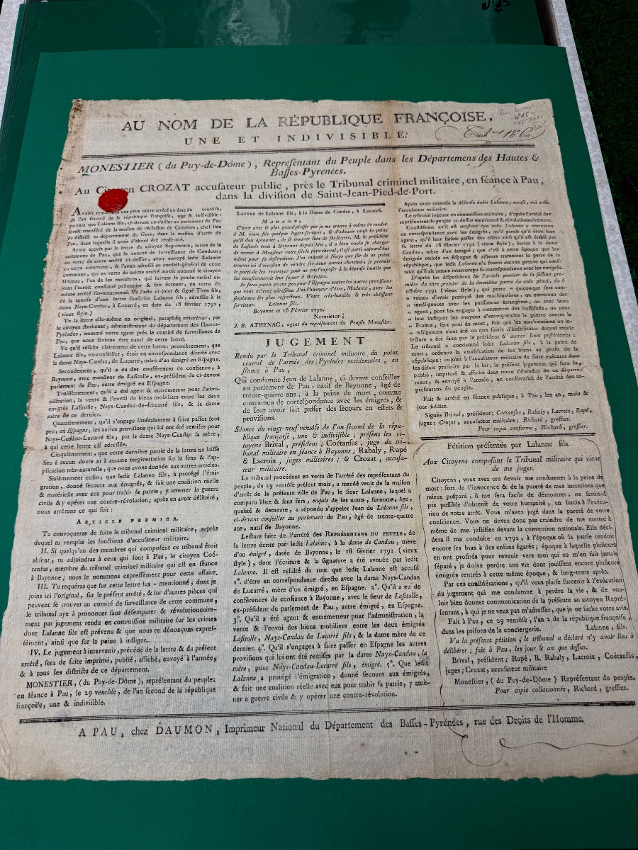 "revolution" Judgment Of Mr. Lalanne, Immigrant, Sentenced To Death On February 18, 1792 
