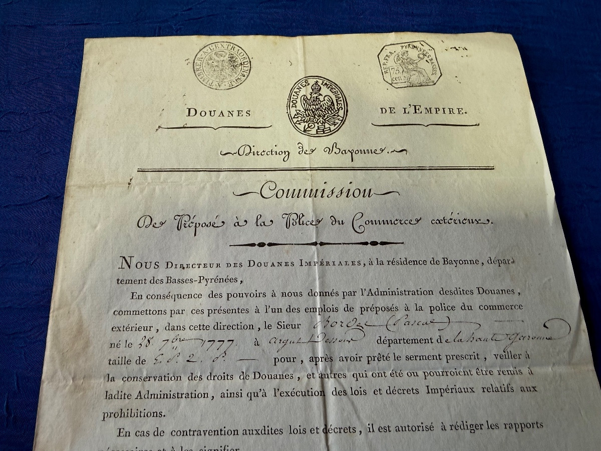 GRAND  SCEAU  DES  DOUANES IMPÉRIALES  AVEC  UNE COMMISSION D'EMPLOI  DE LA MÈME ÉPOQUE   1805 -photo-3