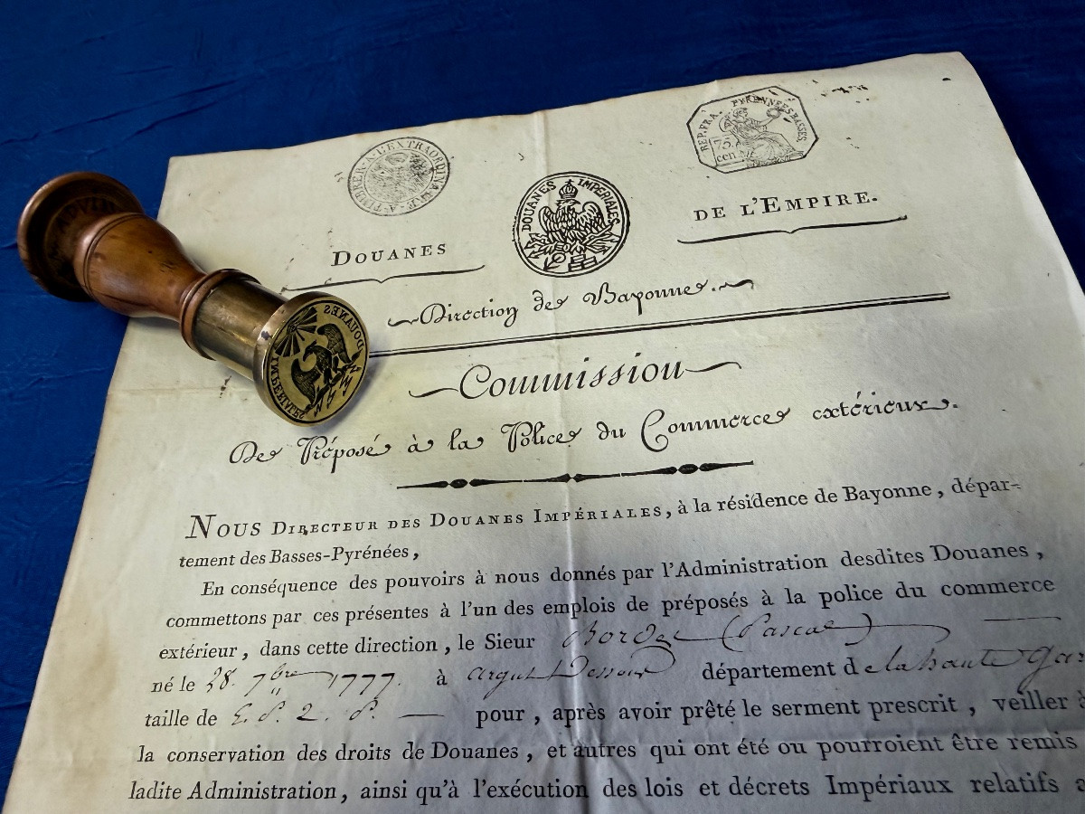 GRAND  SCEAU  DES  DOUANES IMPÉRIALES  AVEC  UNE COMMISSION D'EMPLOI  DE LA MÈME ÉPOQUE   1805 -photo-5