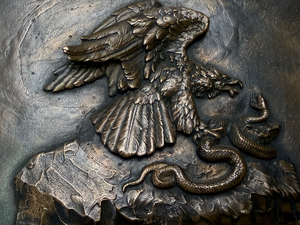 Bronze Plaque Of An Eagle Chasing A Snake By Barrye, 19th Century -photo-2