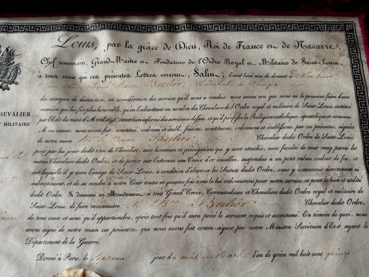 LETTRES DE  CHEVALIER DE L'ORDRE  MILITAIRE DE SAINT LOUIS DU GÉNÉRAL -   BARON  BERLIER  1815 -photo-2