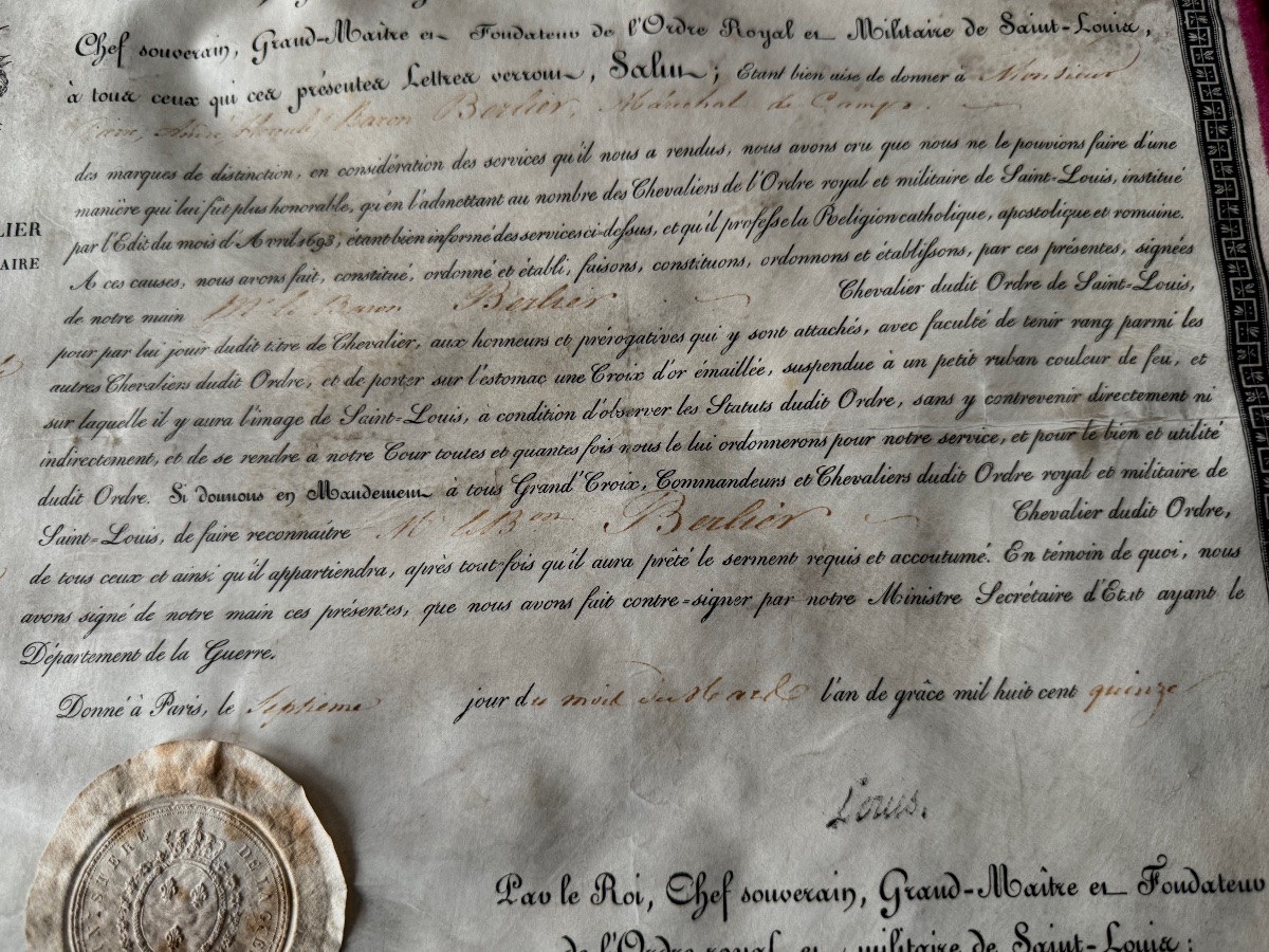LETTRES DE  CHEVALIER DE L'ORDRE  MILITAIRE DE SAINT LOUIS DU GÉNÉRAL -   BARON  BERLIER  1815 -photo-3
