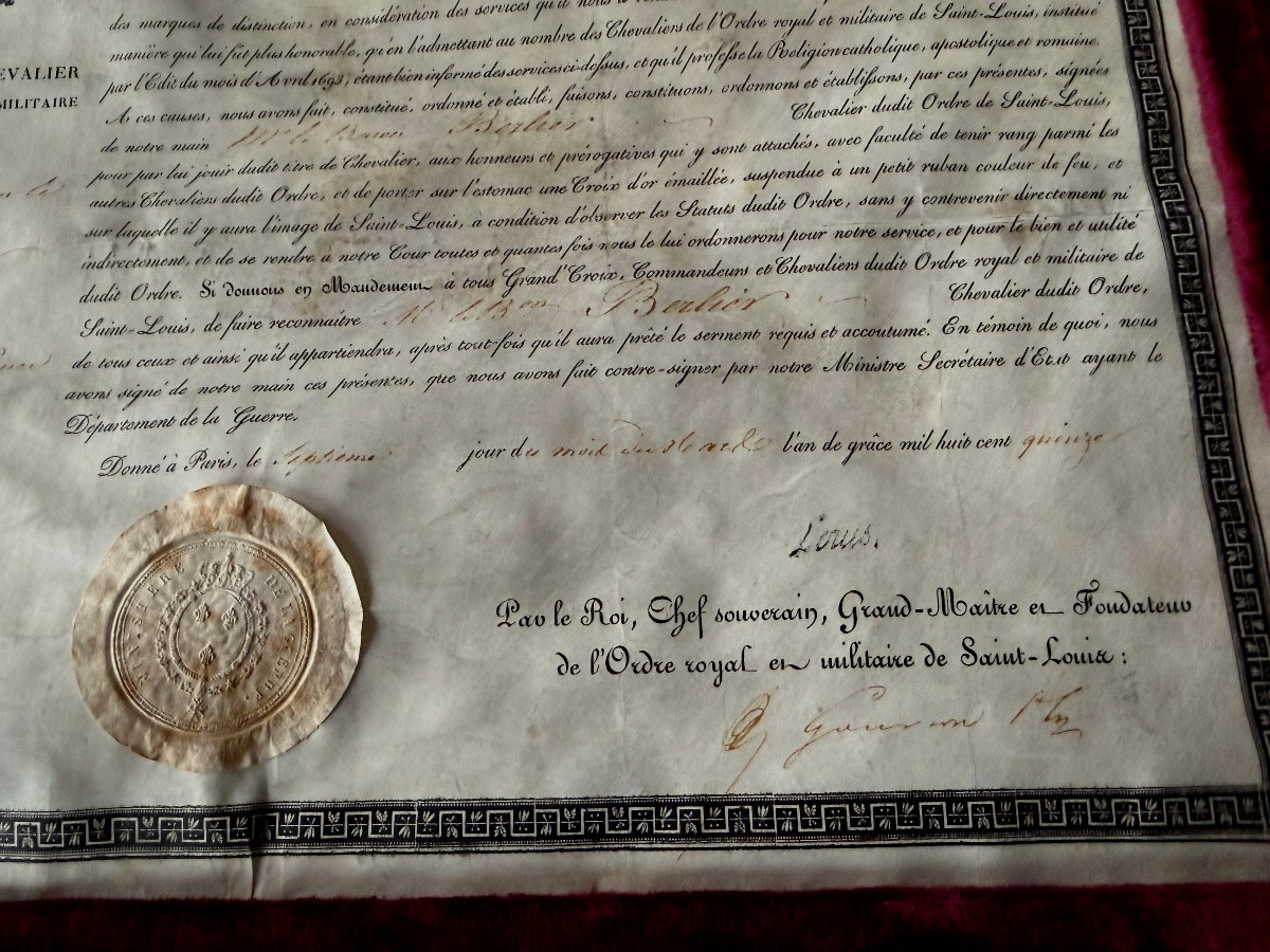 LETTRES DE  CHEVALIER DE L'ORDRE  MILITAIRE DE SAINT LOUIS DU GÉNÉRAL -   BARON  BERLIER  1815 -photo-4