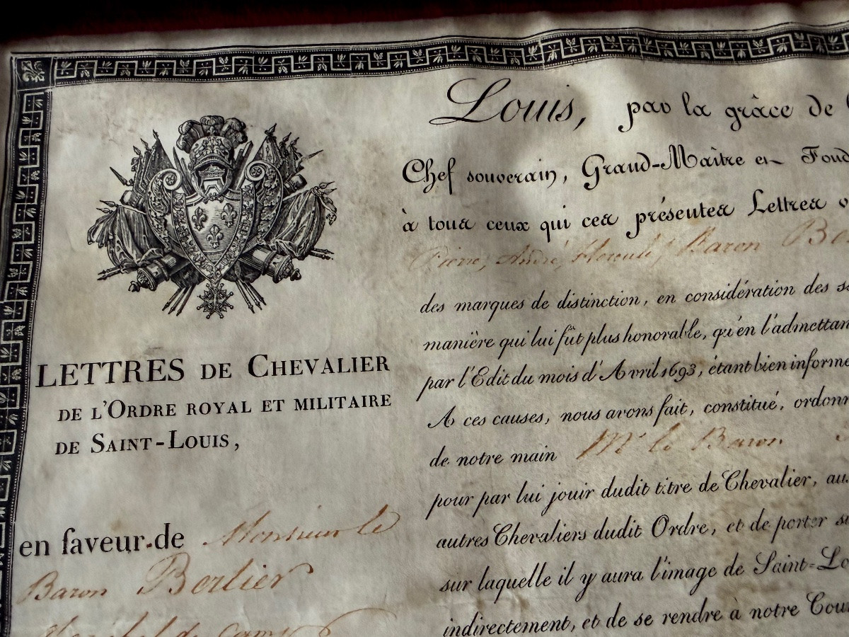 LETTRES DE  CHEVALIER DE L'ORDRE  MILITAIRE DE SAINT LOUIS DU GÉNÉRAL -   BARON  BERLIER  1815 -photo-3
