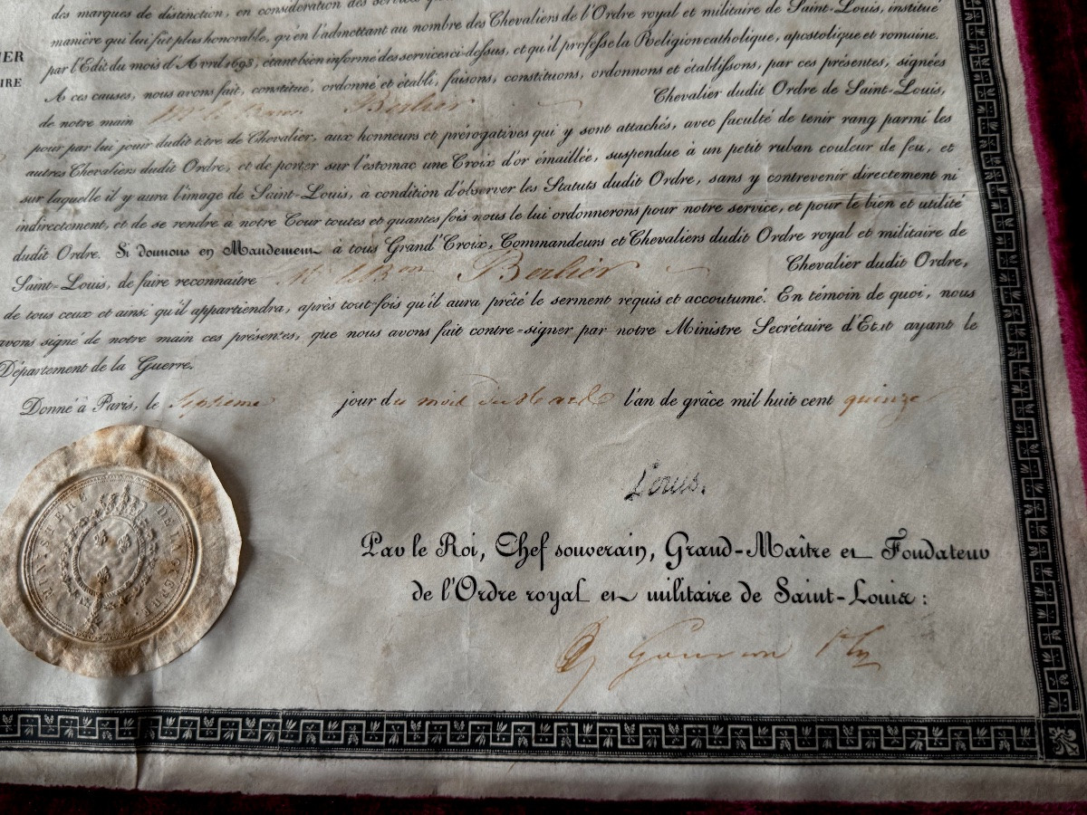 LETTRES DE  CHEVALIER DE L'ORDRE  MILITAIRE DE SAINT LOUIS DU GÉNÉRAL -   BARON  BERLIER  1815 -photo-7