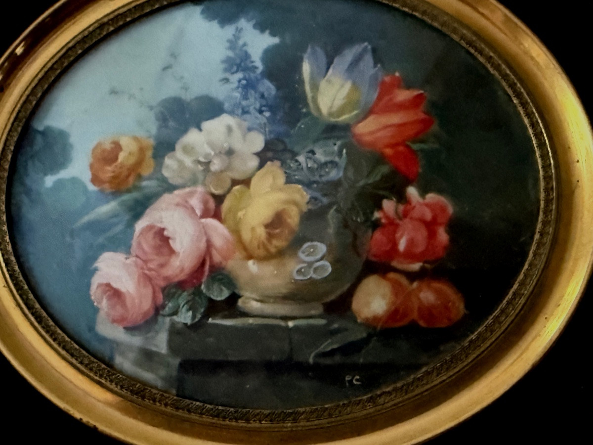 Still Life With Fruit And Bouquet Of Flowers Painting On Ivory Napoleon III 19th Century-photo-4