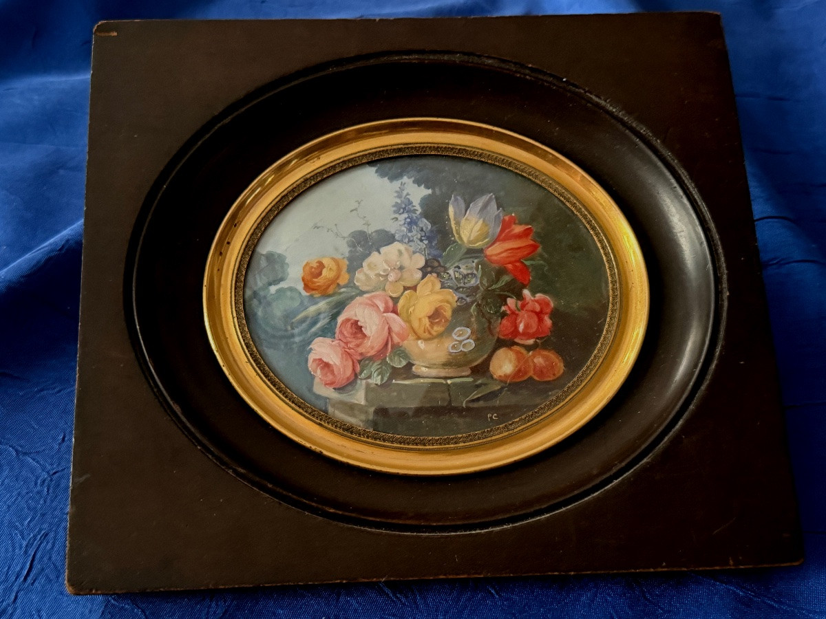 Still Life With Fruit And Bouquet Of Flowers Painting On Ivory Napoleon III 19th Century-photo-1